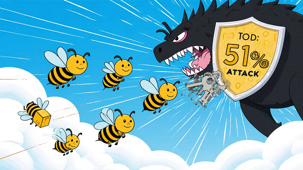 Friendly bee-like nodes fly with blockchain blocks, one falls but swarm continues unbroken.