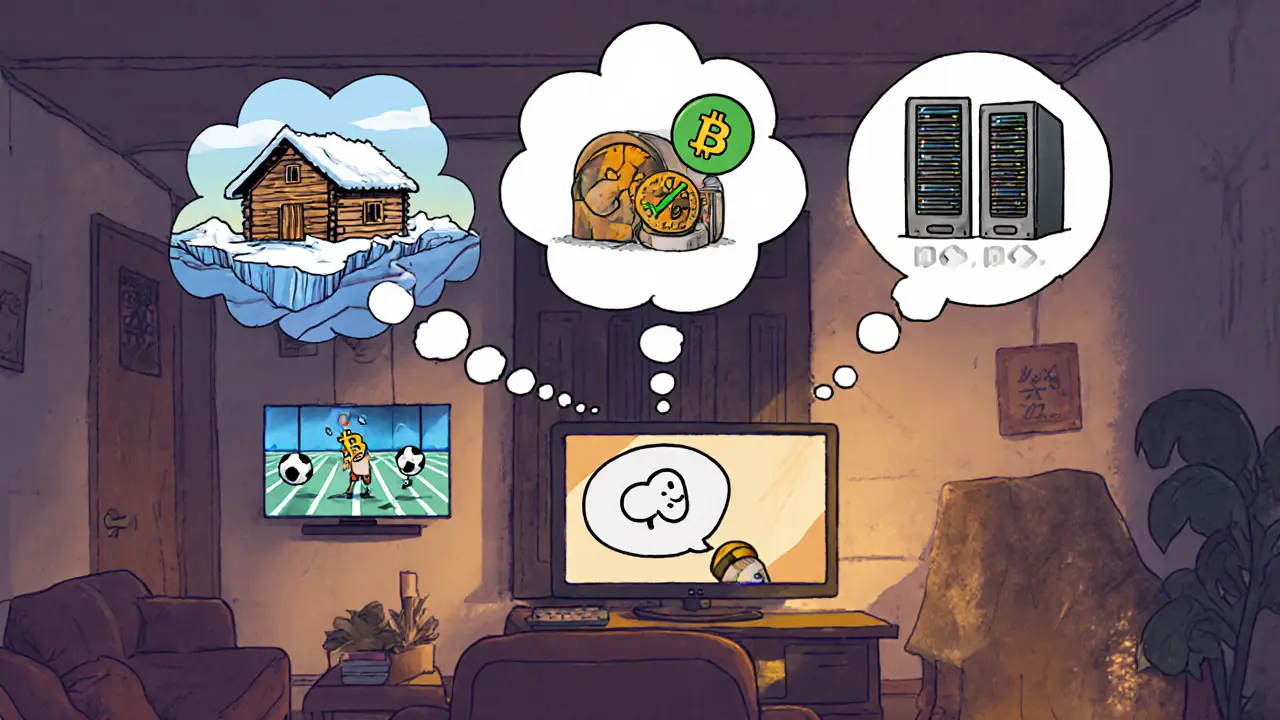 Home computer sending Bitcoin to quirky global nodes, all nodding as transaction is verified.