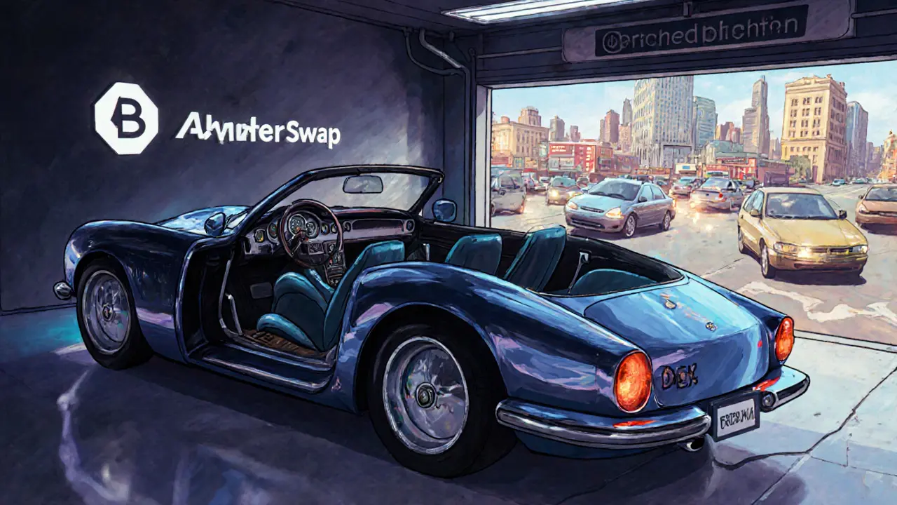 A perfectly built car with no engine labeled &#039;Archer Swap&#039; parked beside active DEXs on the Core blockchain.