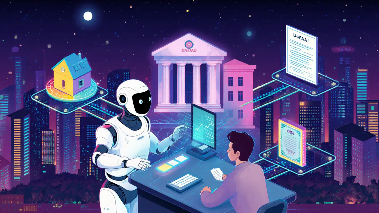 AI robot helping a user with DeFAI, bridges linking a bank to blockchain tokenized assets.