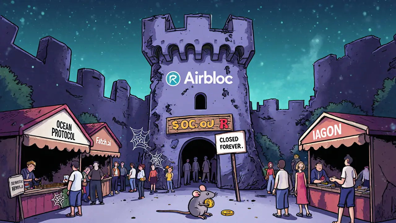 An abandoned Airbloc stall surrounded by thriving competitors in a cartoon crypto marketplace.
