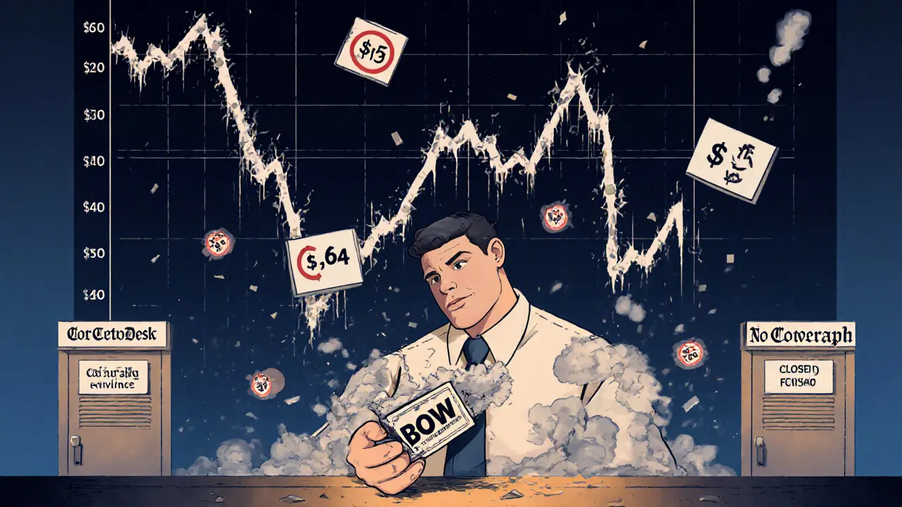 An investor holding a BOW lottery ticket as a crashing price chart dissolves into false predictions.