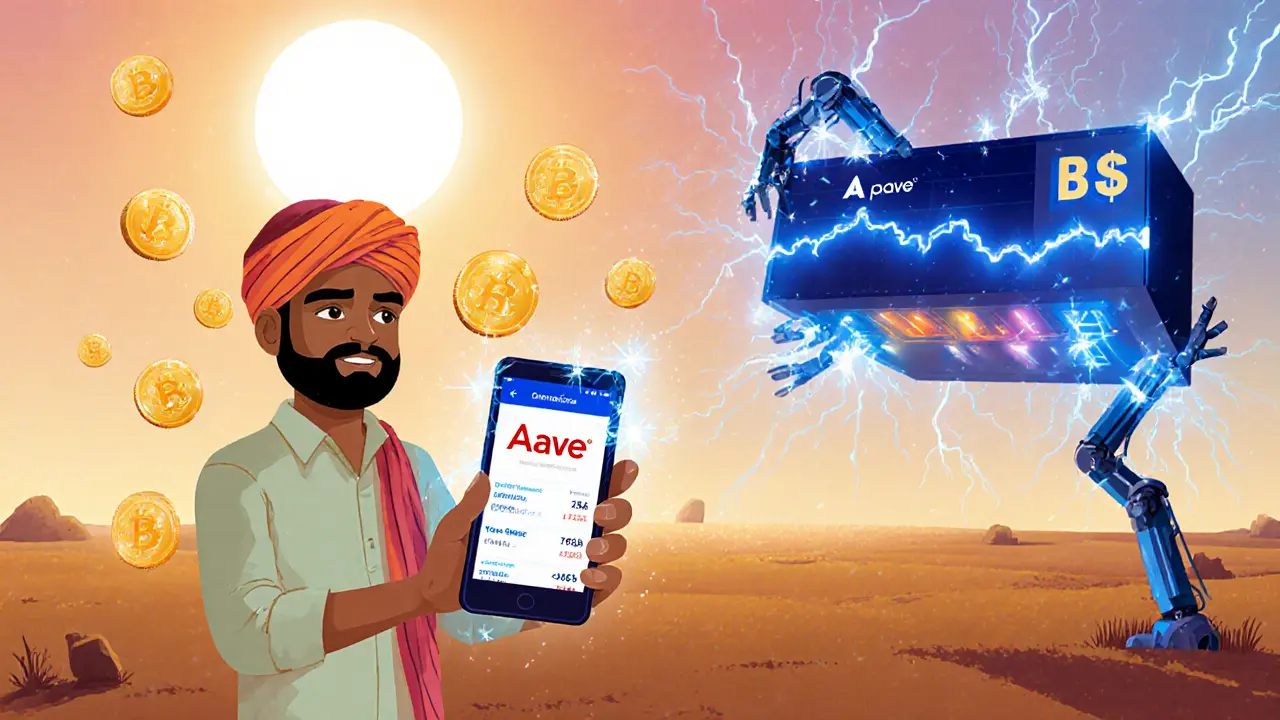 Bihar farmer using a phone to lend on Aave, surrounded by floating crypto tokens and a DEX.