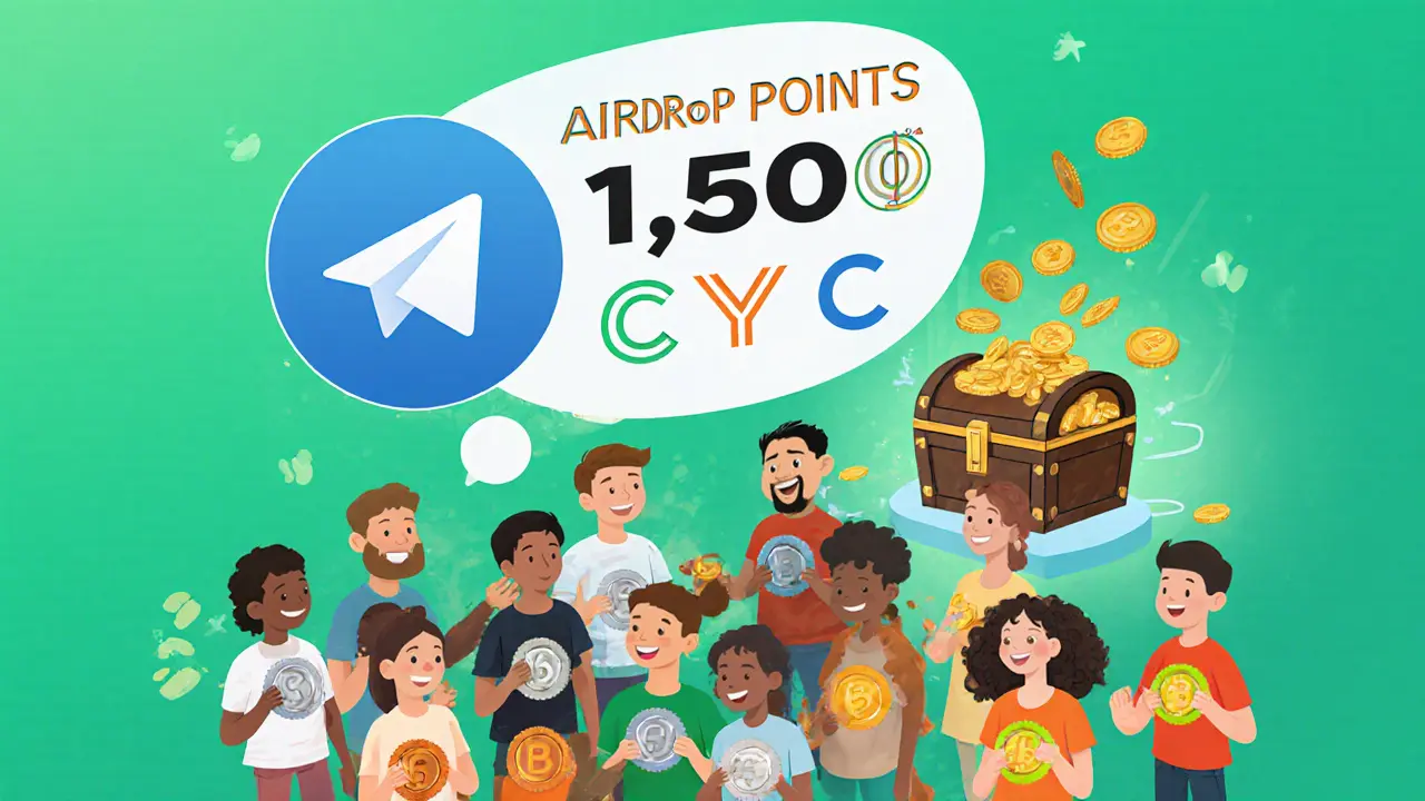 Cartoon avatars earn point badges around a Telegram logo with a 1,500 CYC treasure chest.