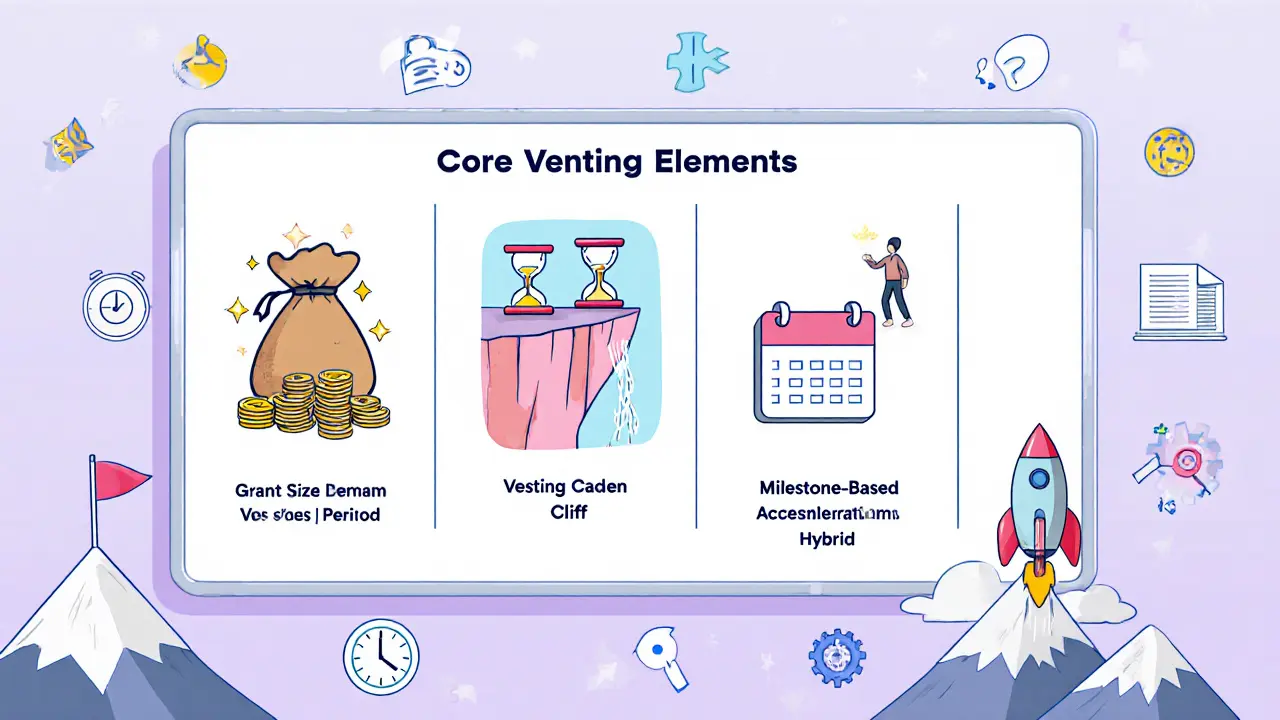 Cartoon chart showing grant size, vesting period, cliff, cadence, and accelerations with icons.