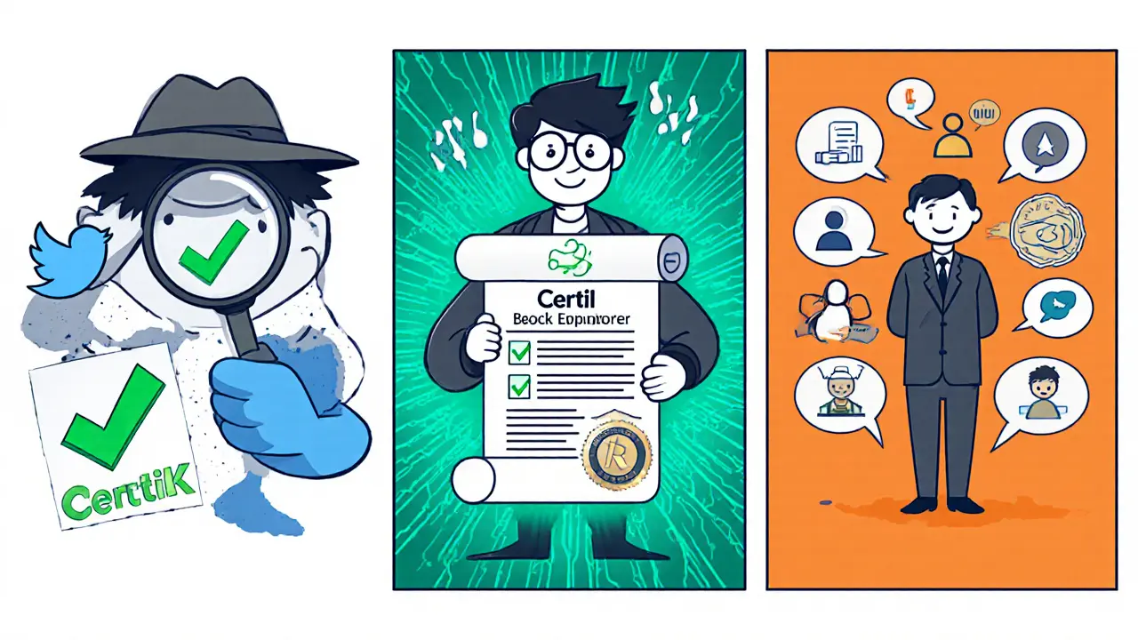 Cartoon checklist showing three verification steps with magnifying glass, audit seal, and chat bubbles.
