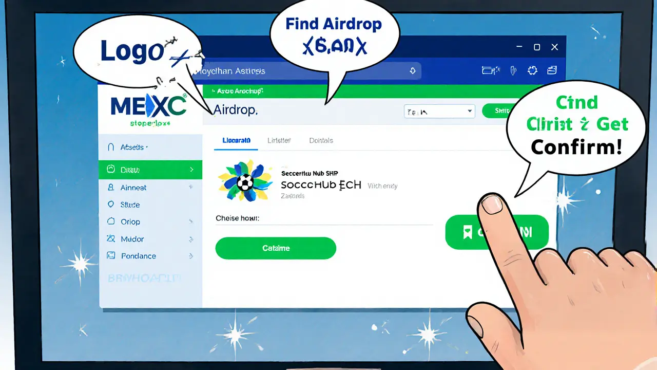 Cartoon computer screen showing MEXC airdrop claim steps with a flashing Claim button.