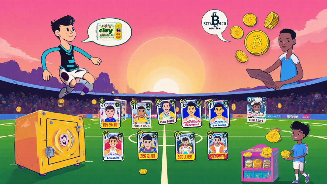 Cartoon game scene with NFT player cards, staking SCH coins, and a soccer field.