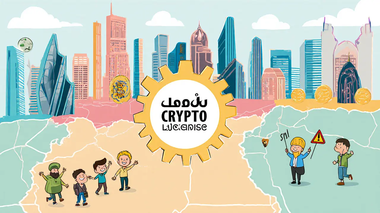 Cartoon map of the Middle East highlighting Jordan&#039;s moderate crypto rules next to the UAE&#039;s bustling market and neighboring bans.