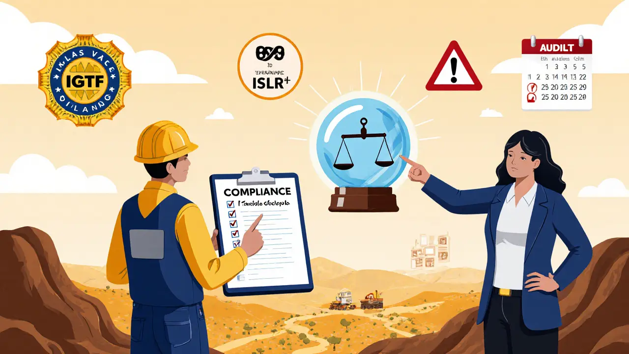 Cartoon miner with checklist, lawyer, crystal ball, and symbols of taxes, audits, and penalties.