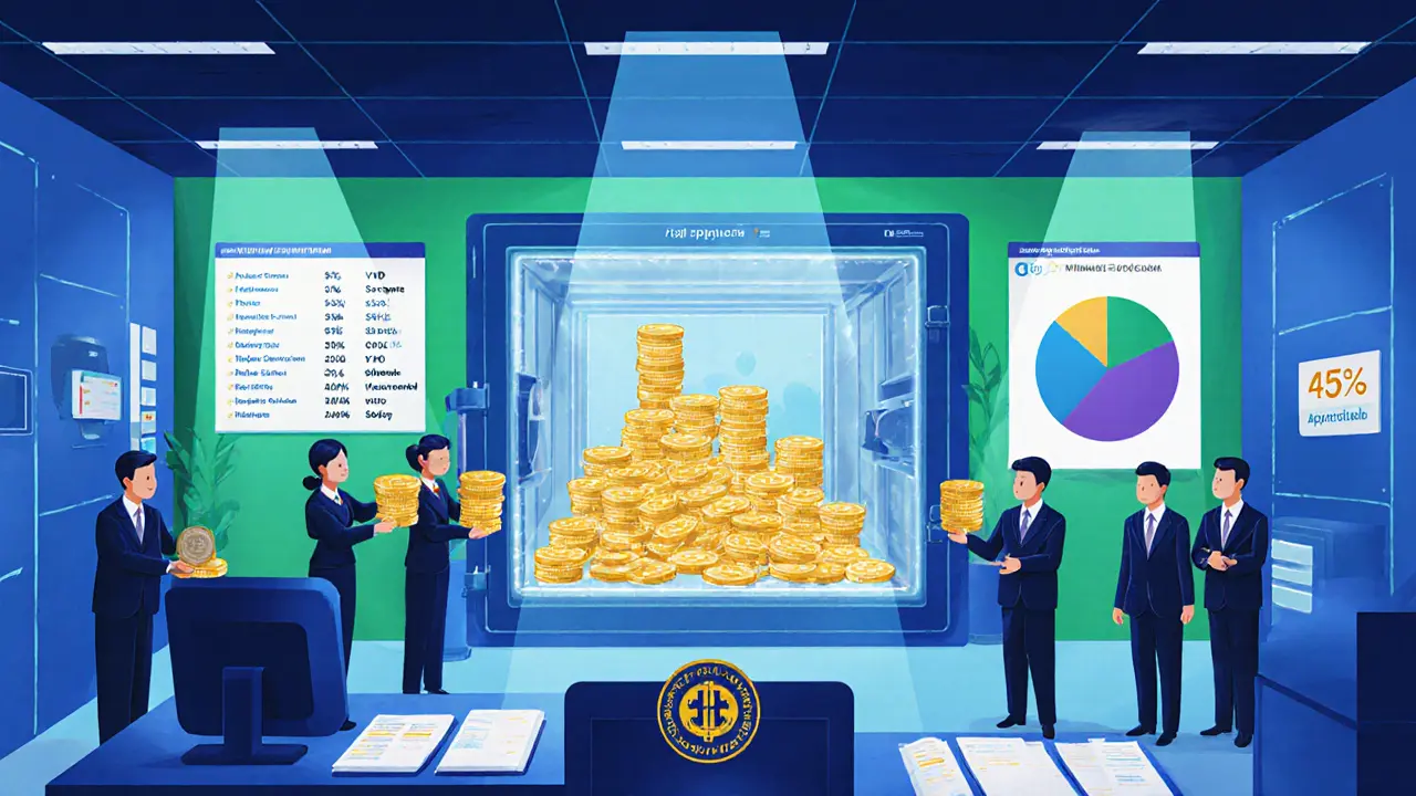 Cartoon of a crypto exchange office showing VND coins, institutional investors, and limited foreign investors.