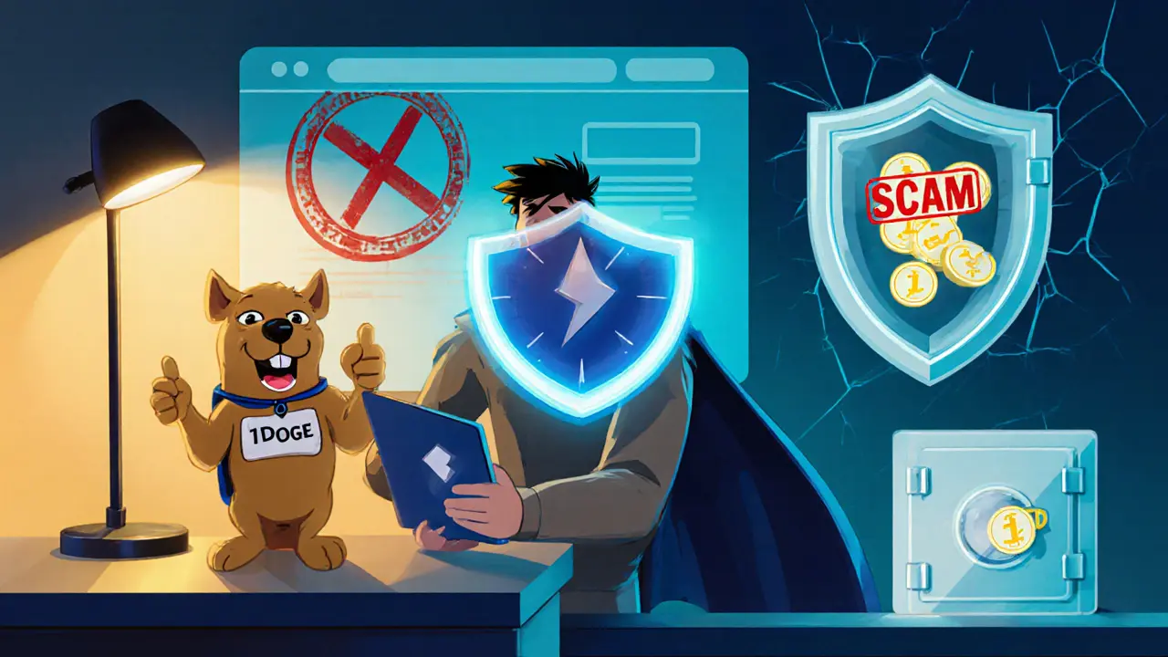 Cartoon of a user protecting crypto with a hardware wallet and a dog mascot giving a thumbs‑up.