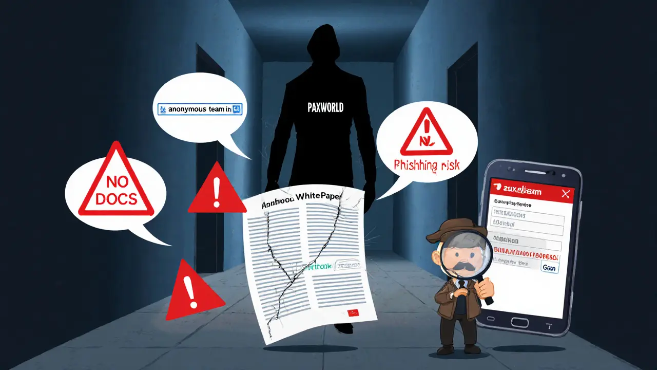 Cartoon of red flag warnings: anonymous team, broken whitepaper, phishing URL.