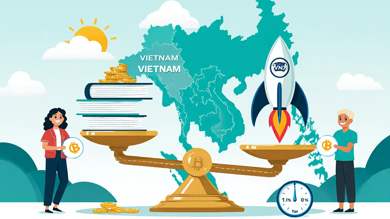 Cartoon of Vietnam's regulated crypto future with a scale, rocket, map, and happy users holding VND tokens.