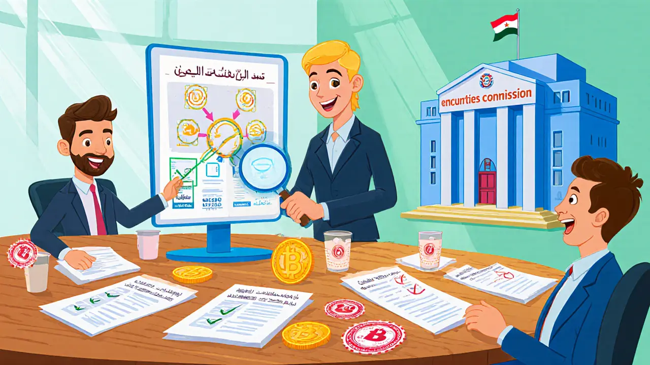 Cartoon office scene showing a startup team submitting paperwork and auditors checking systems for a crypto licence.