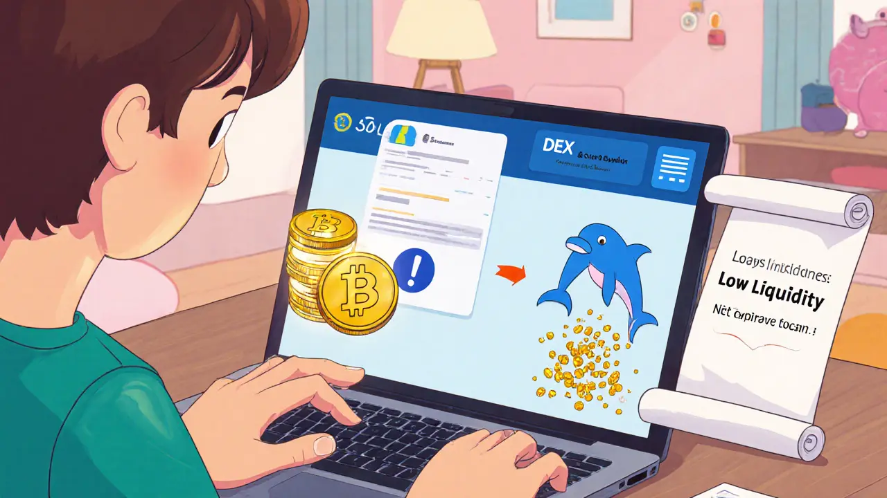 Cartoon person swapping SOL for DOKY tokens on a Solana DEX with a low‑liquidity warning.