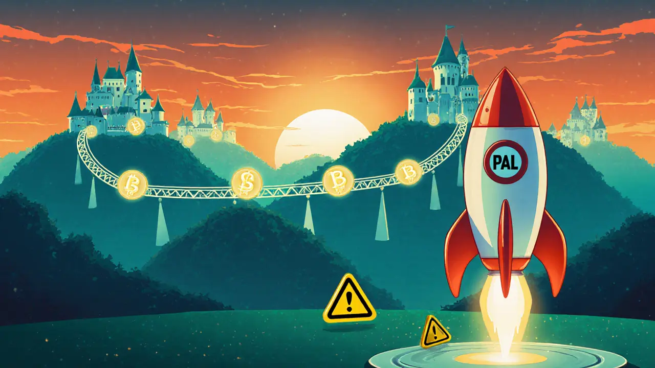 Cartoon skyline of DAO castles linked by PAL bridges with a rocket launching.
