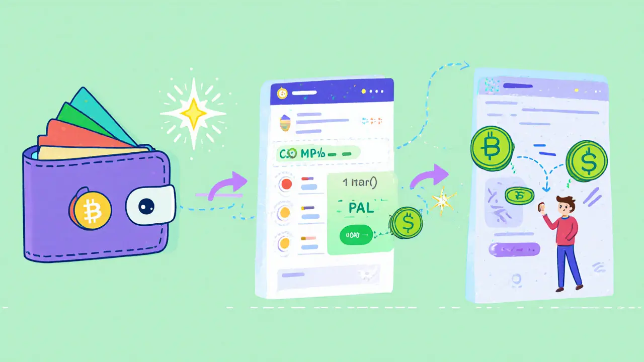 Cartoon three‑panel showing wallet connection, token selection, and PAL minting.