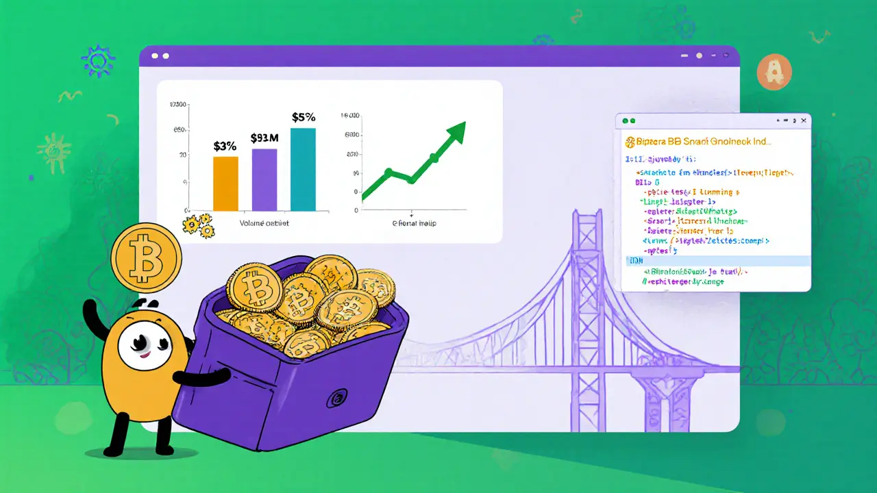 Cartoon tokenomics dashboard showing 3% tax gear, volume graphs, and a smart‑contract snippet.