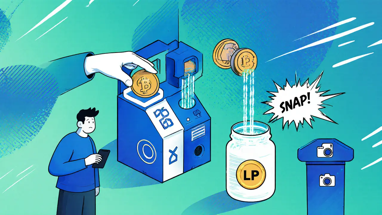 Cartoon user swapping tokens, adding liquidity, and staking on a testnet DeFi platform with a snapshot flash.
