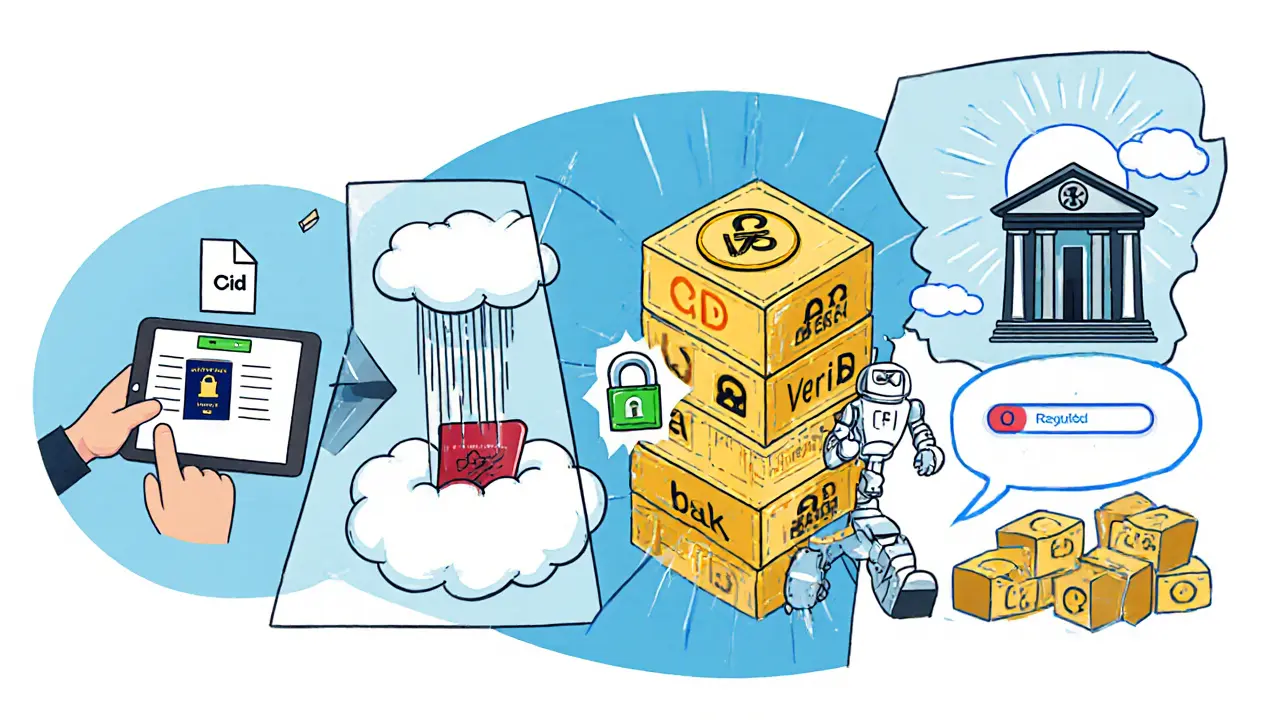 Comic strip showing document upload, IPFS storage, blockchain recording, and consent toggle.