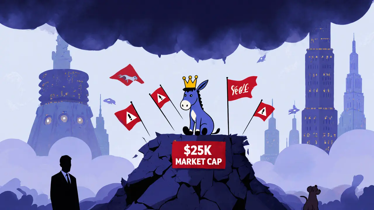 Donkey on a tiny platform under storm clouds with red risk flags and shadowy anonymous figures.