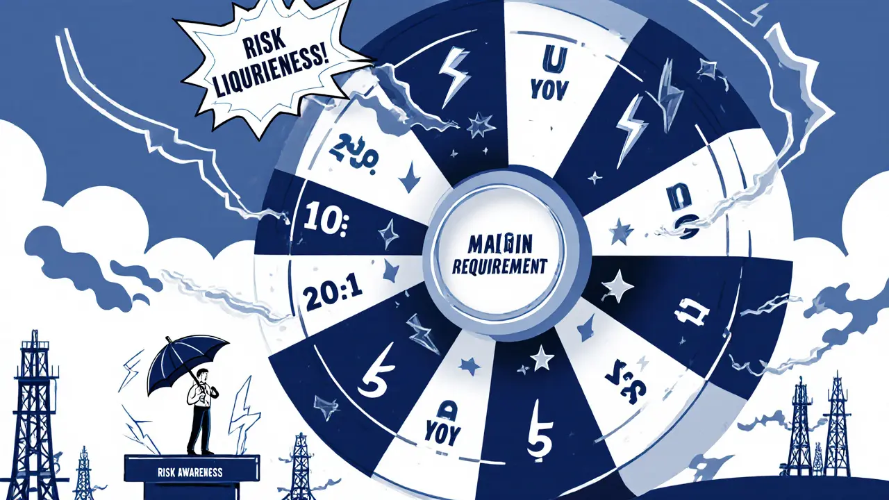 Futures trading wheel with changing margin ratios and liquidation lightning striking nearby.