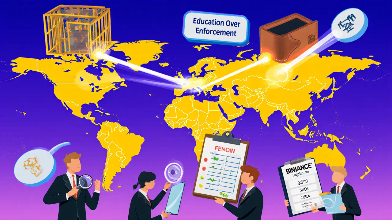 Global map showing crypto leverage flows and regulators handing out risk education tools.