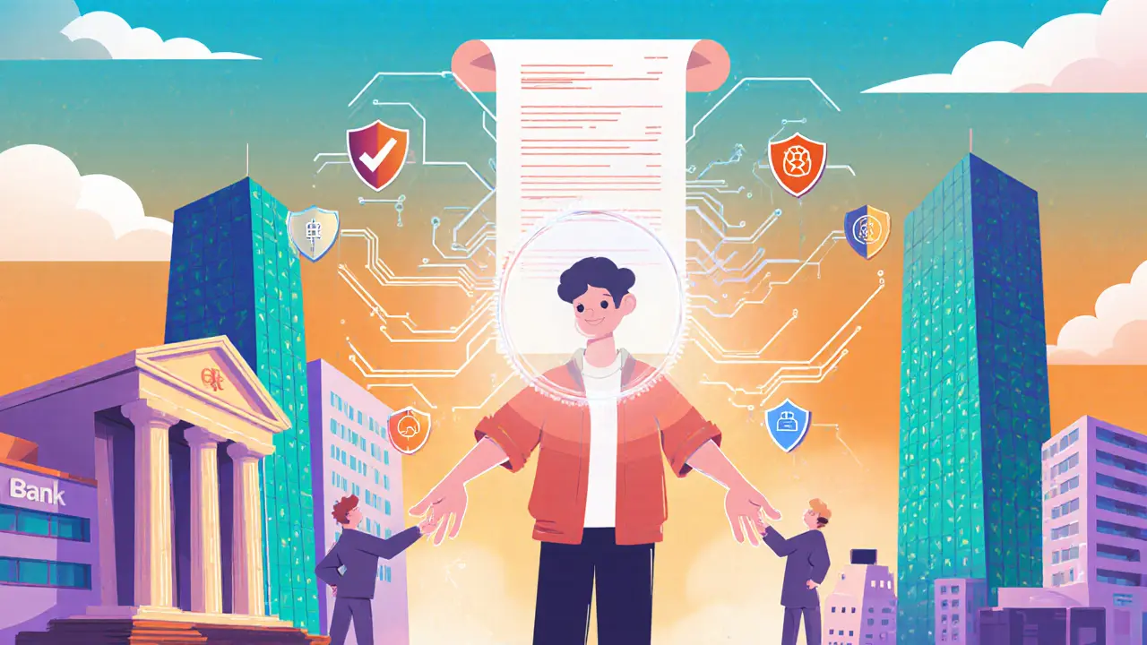 Happy user with digital ID badge surrounded by banks, fintechs, and regulator icons.