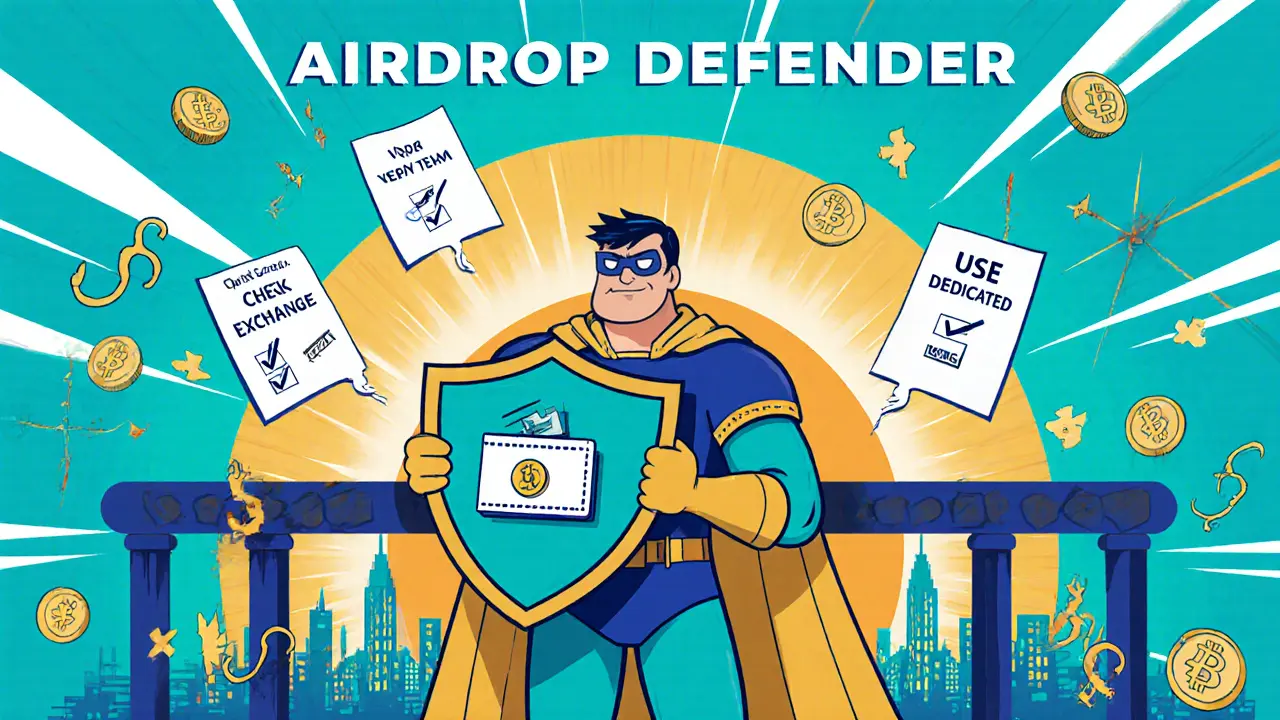 Heroic figure with shield protecting against phishing hooks and scam signs.