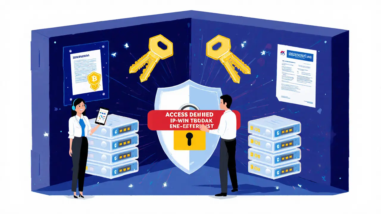 Illustration of COREDAX security vault with cold storage, multi‑sig keys, 2FA phone, and blocked hacker.