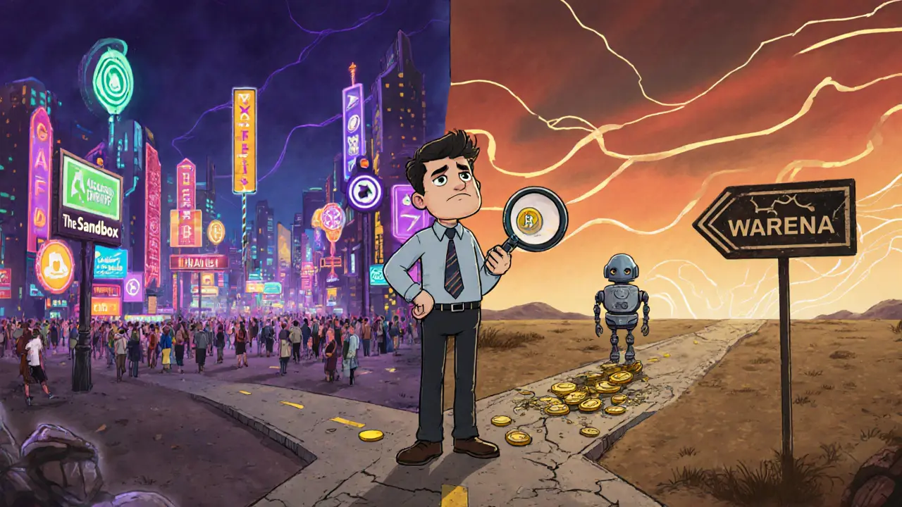 Investor at a forked road choosing between a lively GameFi city and a deserted Warena wasteland.