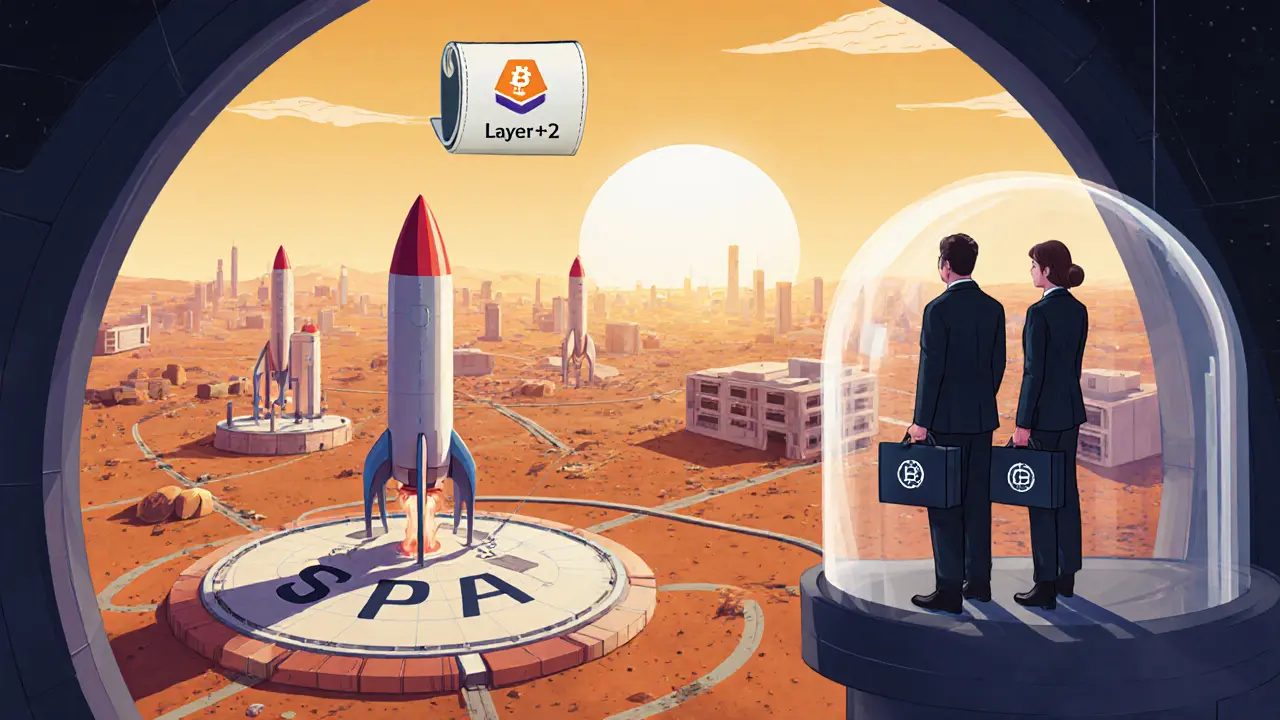 Mars city with rockets launching, investors watching, and Layer‑2 icon overhead.