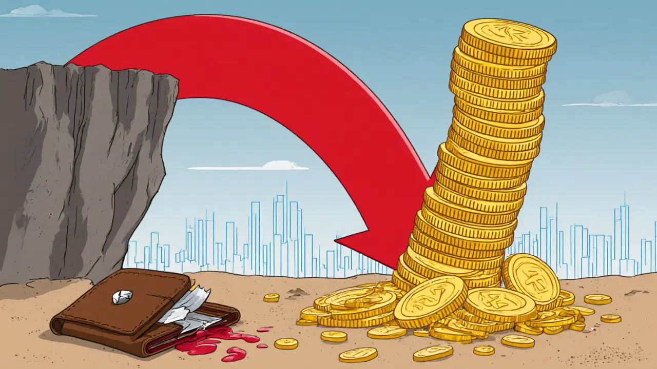 Pile of RENA coins topples off a cliff with a red downward arrow and an empty wallet.