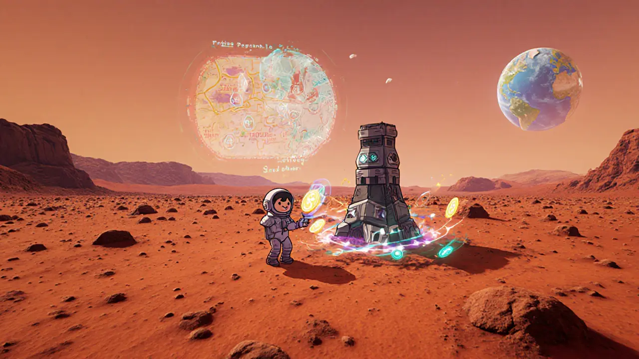 Player places a defense tower on a Martian land parcel with SPAY tokens swirling.