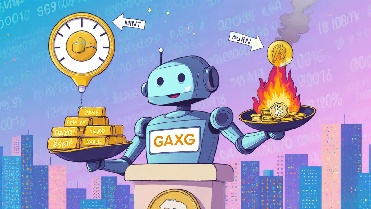 Robot smart contract balancing gold bars and Bitcoin coins with mint and burn arrows.