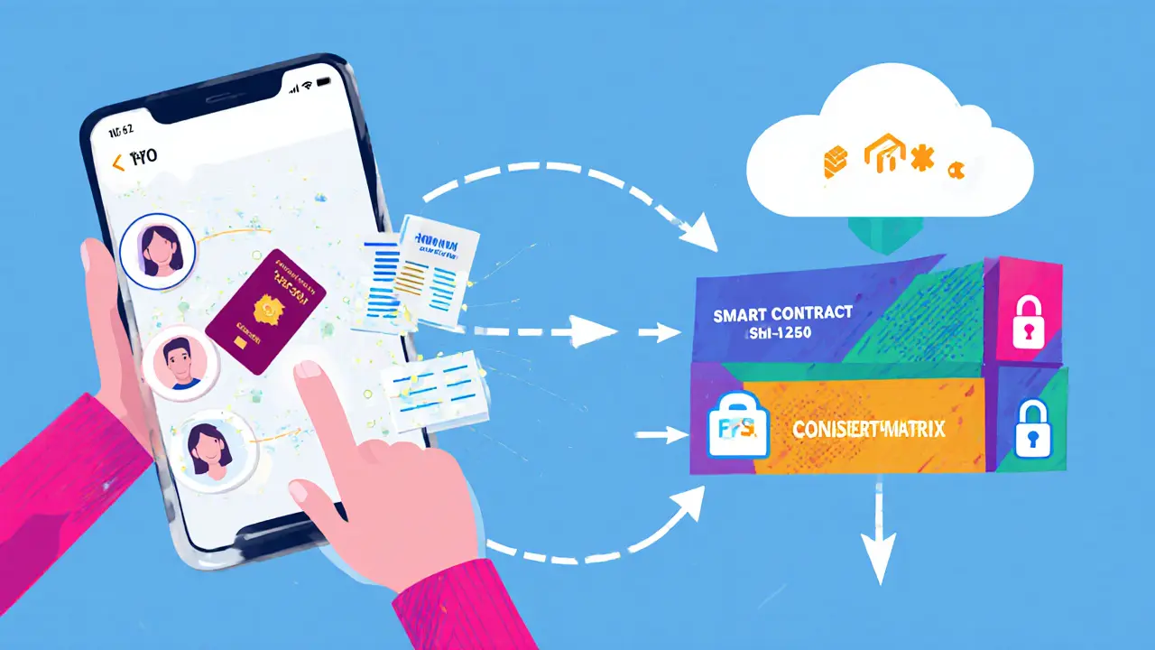 Smartphone scans documents, generates hash bubbles, and sends them to a colorful blockchain ledger.