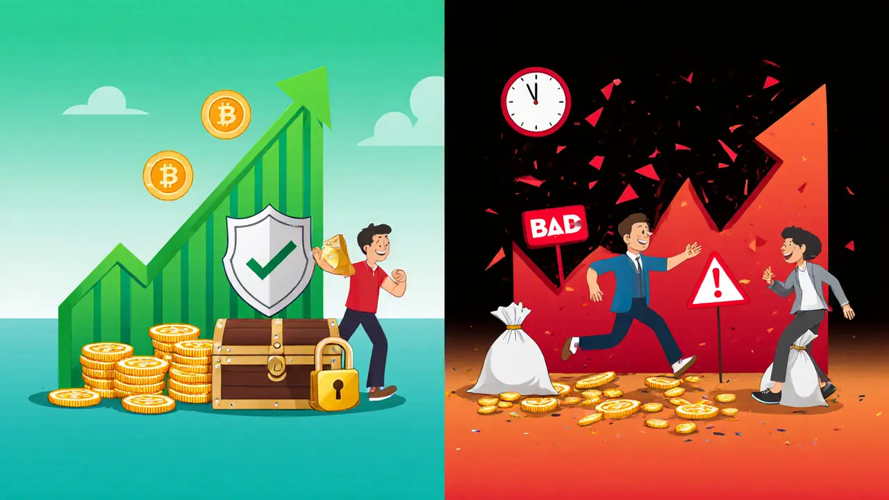Split scene of a healthy DeFi token with locked tokens versus a crashed meme token with founders dumping.