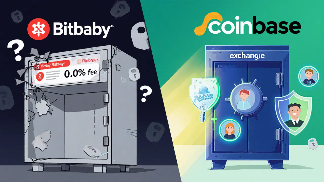 Split scene shows Bitbaby&#039;s empty vault and glitchy UI versus a secure Coinbase vault with shields.