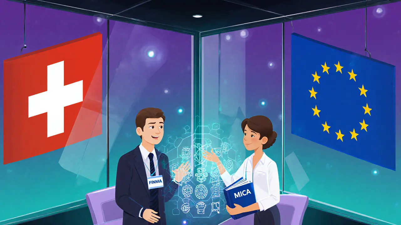 Swiss and EU officials discussing blockchain in a futuristic hub.