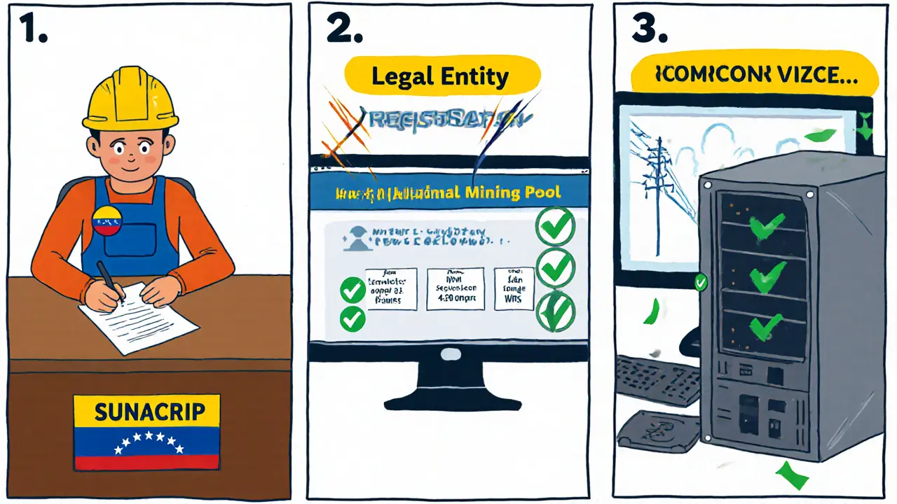 Three‑panel comic showing miner registering a company, submitting specs, and joining the digital pool.