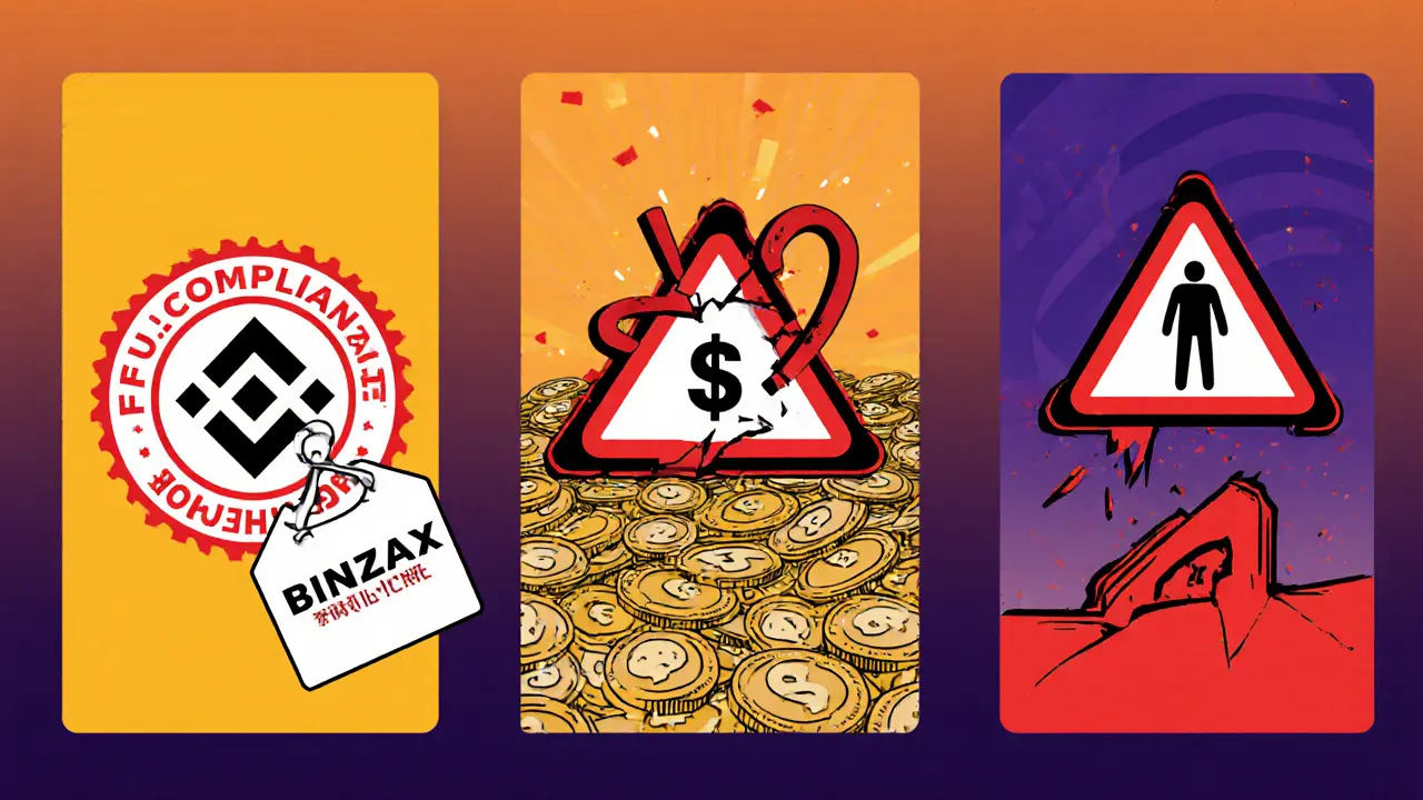 Three panels show Binance, Bybit, and WazirX with red warning symbols.