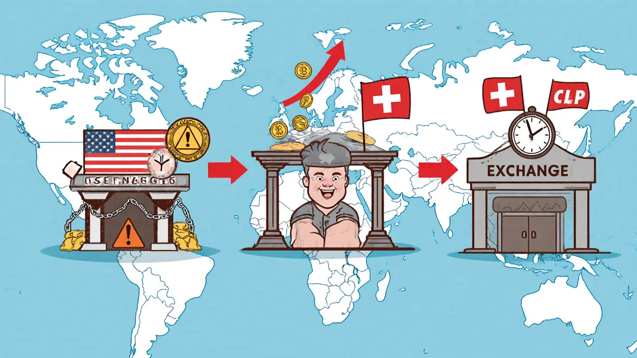 Three trading platforms shown on a world map: shrinking U.S. exchange, growing Singapore one, and calm Swiss platform.