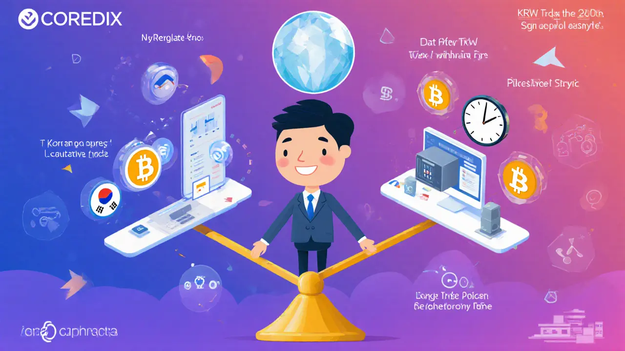 Trader balancing COREDIX pros and cons with icons of compliance, fees, limited fiat, and future outlook.