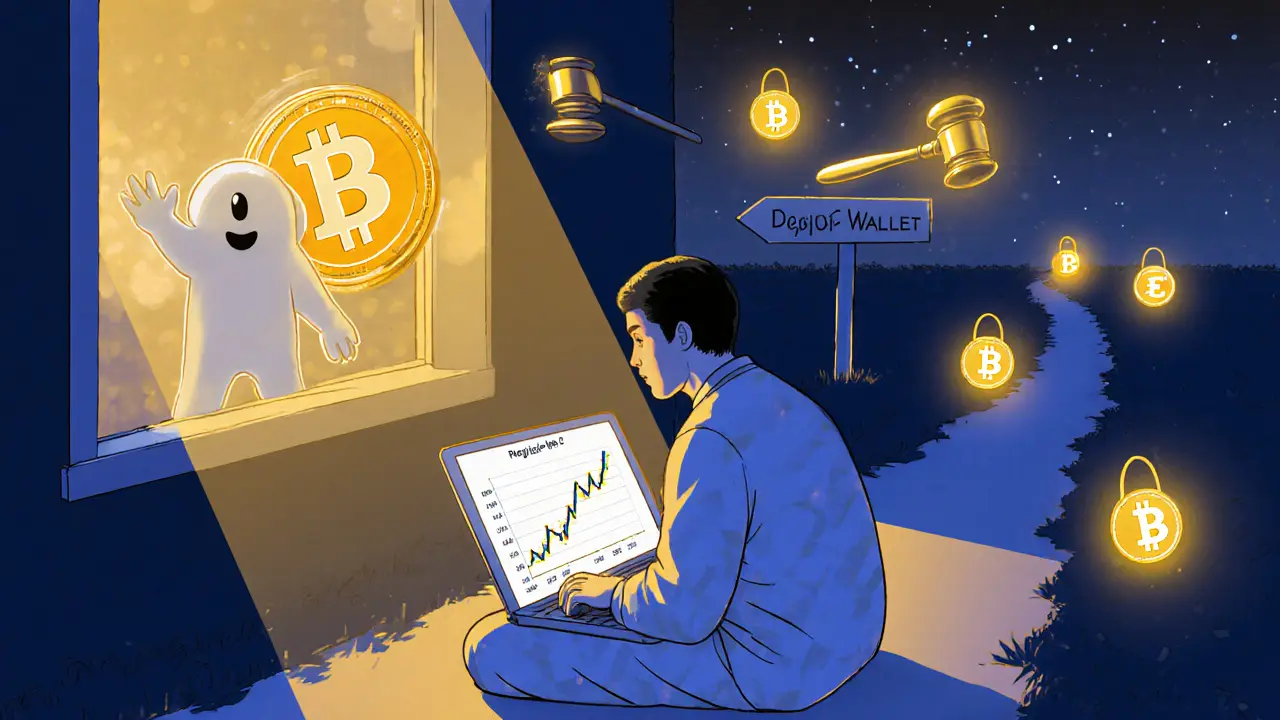 Trader watches ETF chart as altcoin ghost leaves, while USDC and EURC stablecoins glow like lanterns.