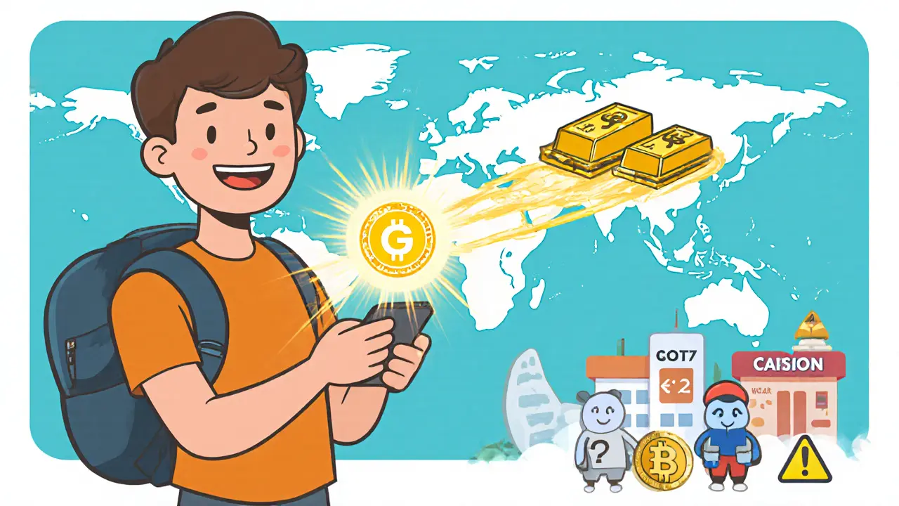 Traveler sending GOT across a world map, swapping it for gold or Bitcoin at destination.
