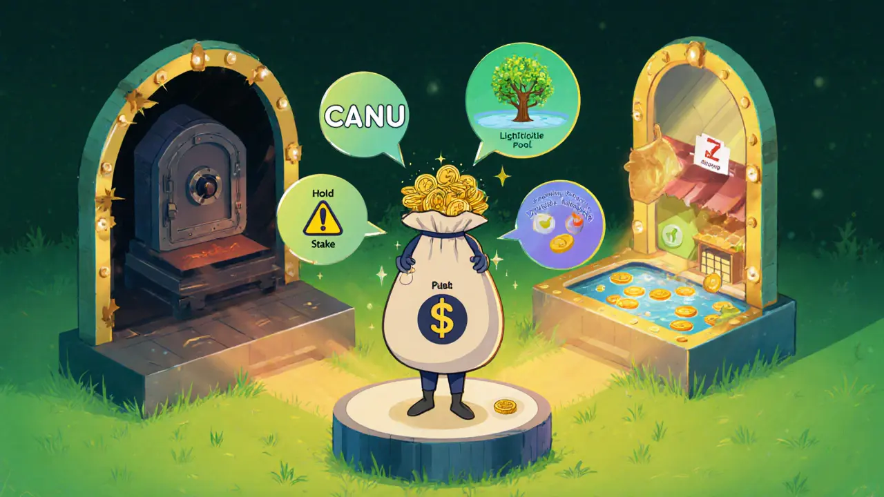 User holding CANU coins with cartoon bubbles showing hold, stake, liquidity, sell options and a safe vs scam portal.