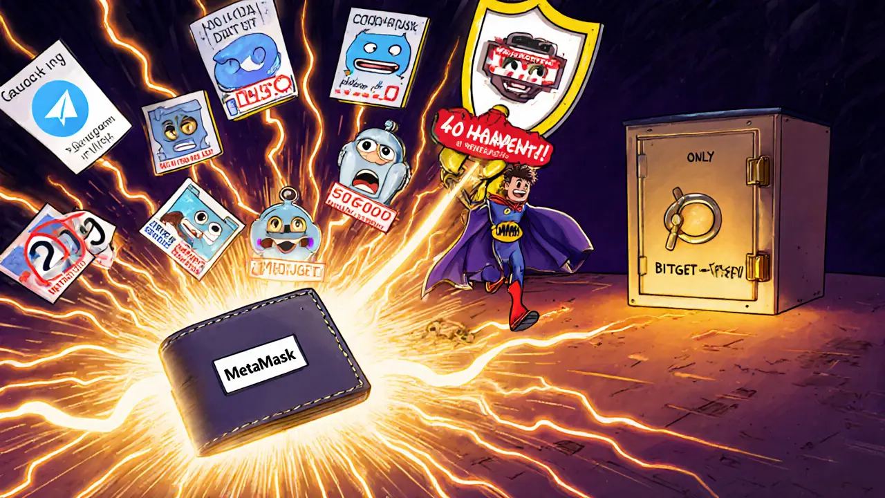 Wallet being sucked into scam vortex while a hero blocks it with a &#039;No Payments&#039; shield.