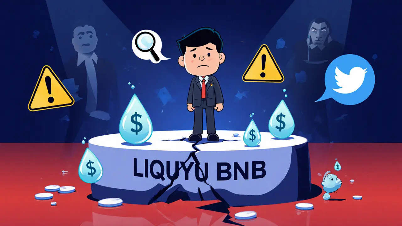 Worried trader on a cracked liquidity platform with warning icons and social media bubbles.
