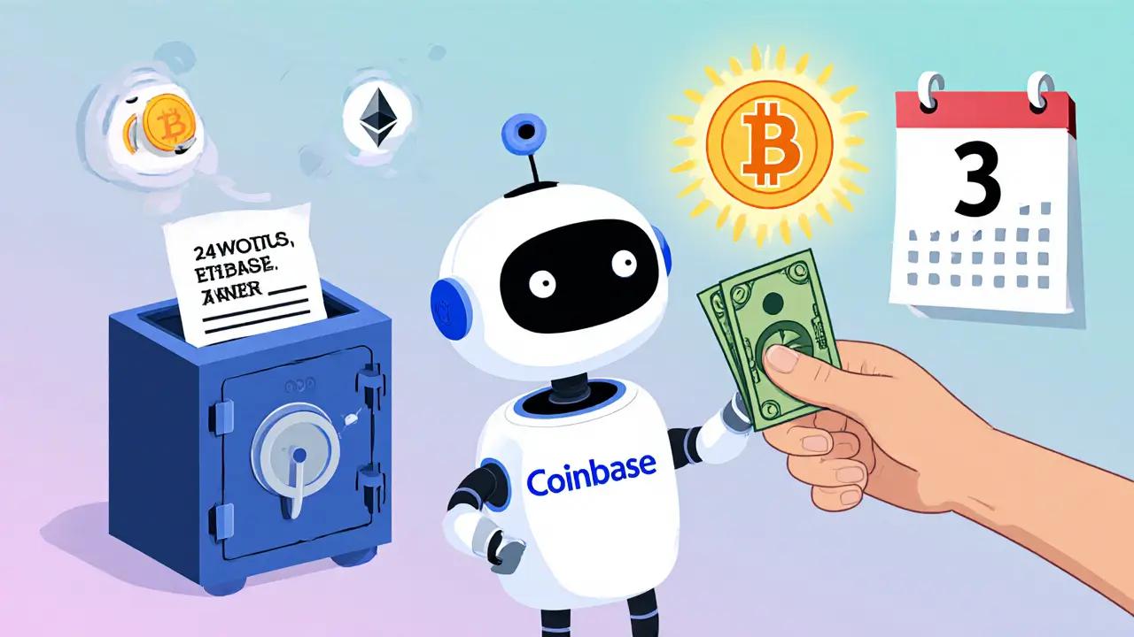 A beginner receiving crypto tokens from a friendly robot, with a safe and cold wallet in the background.